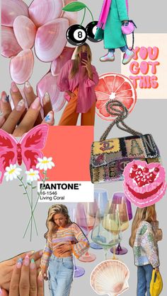 a collage of photos with pink flowers and accessories