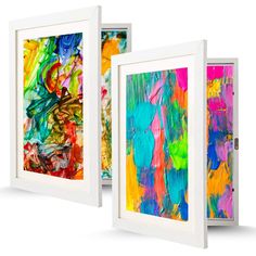 two framed art pieces, one with colorful paint and the other with white frame on it