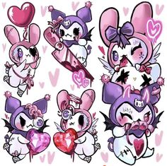 some pink and purple cartoon characters with hearts