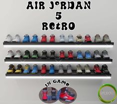 there are many shoes on the shelves in front of each other with words above them that read air jordan and retro