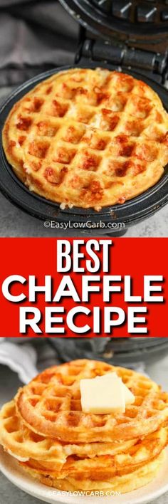 two waffles with cheese on top and the words best chaffle recipe below