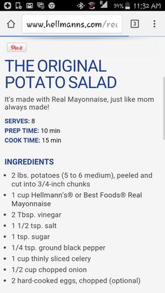 the original potato salad recipe is shown in this screenshot from an iphone screen graber