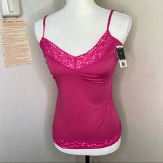 90% Polyester 10% Spandex Tropical 2000s, Pink Lace Tank Top, Mcbling Fashion, Hot Pink Tops, 2000s Clothes, Sublimation Ideas, Wardrobe Pieces, Lace Trim Cami, Cute Preppy Outfits