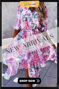 Fashion Elegant Floral Buckle with Belt V Neck Irregular Dress Dresses Summer Floral Print Dress With High-low Hem, Summer Floral Print High-low Hem Dress, Pink Asymmetrical Hem Dress For Vacation, Spring Dress With Printed Asymmetrical Hem, Dress Sleeve Styles, Fashion Elegant, Color Pick, Elegant Floral, Elegant Fashion