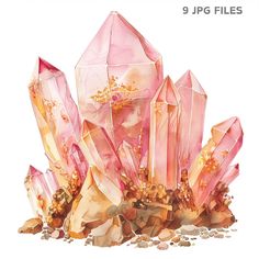 pink crystals with gold flecks and gravel on white background, 9 jpg files