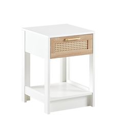 the side table is white and has a wooden drawer on one end with a gold handle