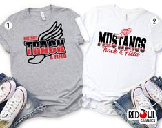 Personalized Mustang School Spirit T-Shirt Crewneck, Hoodie Hooded Sweatshirt Football, Baseball, Basketball, Softball, Track, Volleyball, Cross Country, Cheer, Wrestling Not all colors are available in all sizes and styles.  Please check the color and size charts in photos. We do our best to accurately represent shirt colors by using actual photos but do understand that all monitors will display differently. Please contact us prior to purchase with any questions on sizing or colors. Your purchase includes a custom imprint created specifically for your team! A product proof will be emailed to you within 1 business day.  Please keep an eye on your Etsy messages and reply with any changes within 24 hours. Your order will be sent to production after that time if no response is received. Exces Track Team Shirts Design, Track And Field Spirit Wear, Track And Field Team Shirts, Track And Field Hoodie Designs, Mustang Spirit Shirts, Represent Shirt, Star Shirt, Track And Field, School Spirit