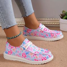 Women's Floral Pattern Print Canvas Shoes, Slip-On Loafers with Lightw Trendy Spring Canvas Slip-on Sneakers, Casual Pink Flat Slip-ons, Fabric Sneakers With Round Toe For Spring, Lace-up Canvas Shoes For Summer, Spring Fabric Sneakers With Round Toe, Floral Print Canvas Shoes For Summer, Spring Fabric Sneakers, Pink Rubber Sole Slip-ons For Spring, Casual Sneakers With Flat Bottom For Spring