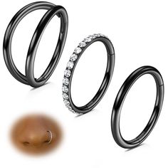 three different types of black rings with diamonds on each side and an image of the same ring