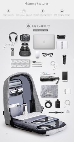 the back pack is packed with electronics and accessories