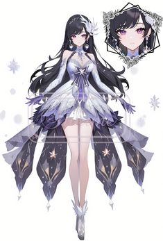 an anime character with long black hair wearing a white and purple dress, standing in front of