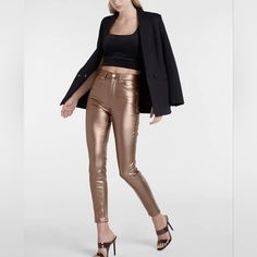 Express Jeans Metallic High-Waisted Faux Leather Skinny Pants In Brass/Copper Sleek Fitted Metallic Bottoms, Trendy Metallic Leggings For Night Out, Glamorous Fitted Leggings For Fall, Elegant Fitted Metallic Bottoms, Glamorous Fall Leggings, Metallic Leggings For Fall Party, Trendy Metallic Leather Pants For Party, Glamorous Metallic Pants For Fall, Fall Party Metallic Leggings