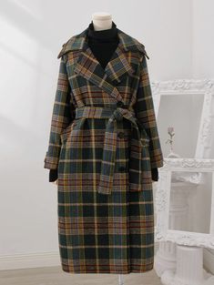 Forest Plaid Coat (2 Colors) Green Plaid Coat Outfit, Plaid Long Wool Coat, Chic Plaid Long Coat, Green Coat Outfit, Green Plaid Coat, Plaid Single-breasted Wool Coat With Long Sleeves, Waist Sash, Plaid Coat, Green Coat