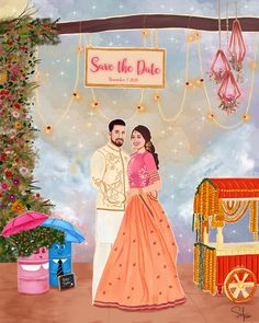 a painting of a couple in front of a sign that says, save the date