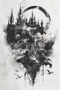 a black and white drawing of a castle in the sky