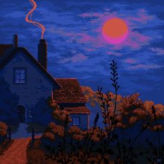 a painting of a house with the sun setting in the background and trees around it