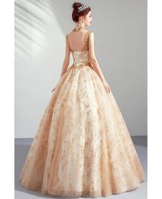 Buy Luxury Gold Sparkly Big Ballgown Formal Prom Dress Pageant With Collar at wholesale price online. Free shipping and pro custom service since 2009. Big Ball Gowns, Golden Gown, Formal Prom Dress, Princess Ball Gowns, Gown Prom, Ball Gowns Prom, Your Amazing, Prom Dresses With Sleeves, Prom Dresses Ball Gown