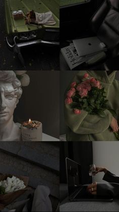 a collage of photos with flowers, candles and statues in the middle of them