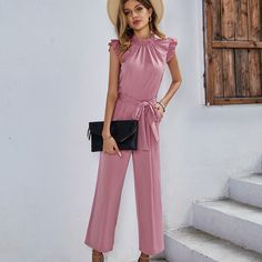 High Stretch Sleeveless Ruffle Wide Leg Jumpsuit Summer Jumpsuits Outfits Summer Jumpsuit Outfit, Summer Jumpsuits, Side Split Dress, Women Jumpsuit, Solid Color Jumpsuits, Dress Women Elegant, Jumpsuit Summer, Strapless Jumpsuit, Long Jumpsuits