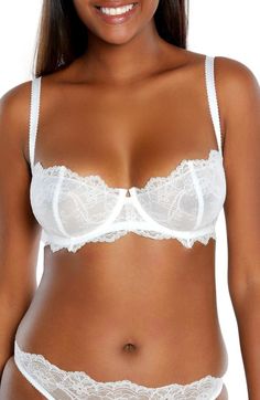 Feel the romance of this Italian-made lace bra fashioned in a low balconette design with a subtle push-up effect. Underwire Adjustable straps Lined 67% nylon, 18% spandex, 15% polyester Hand wash, dry flat Made in Italy Lace Bra With Removable Cups Full Coverage, Full Coverage Lace Bra With Removable Cups, Lace Push-up Bra With Removable Cups, Feminine Lace Bra With Removable Cups, Push-up Lace Bra With Removable Cups, Lace Bra With Adjustable Straps For Wedding, Balconette Bra With Lace Closure, Fitted Lace Bra With Removable Cups, Lace Wedding Bra With Adjustable Straps