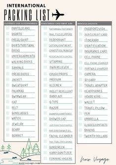 a travel checklist with the words international packing list and an airplane flying over it