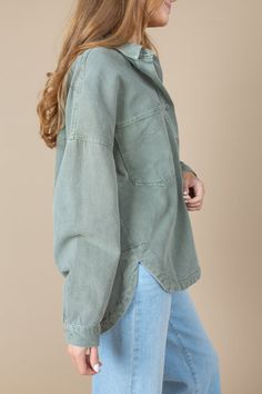 Details Washed green shacket Button down front Long sleeves Oversized fit Chest pockets Materials and Care 100% cotton Machine wash cold Hand to dry Green Shacket, Hills And Valleys, Cold Hands, Model Fits, Oversized Fits, Chest Pocket, Coats Jackets, Long Sleeves, Long Sleeve