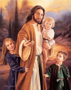 a painting of jesus holding two children in front of an image of three other children