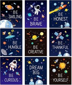 six space themed posters with the words be brave