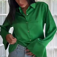 Net Green Like Silk Top Size Small Oversized Fit. Never Worn. Classic Green Zara Tops, Zara Green Blouse With Buttons, Zara Green Cotton Blouse, Green Silk V-neck Top, Zara Multicolor Button-up Blouse, Zara Top, Zara Tops, Silk Top, Oversized Fits