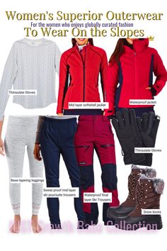 women's winter outerwear to wear on the slopes, including skis and snowboards