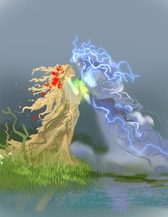 a digital painting of a woman with her hair blowing in the wind and lightning behind her