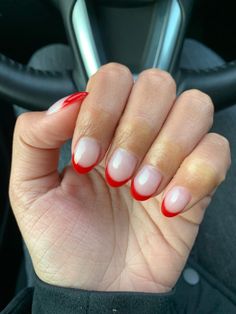 French Tip Red And White, Red Tip Manicure, Almond Red French Tip Nails, Red Simple Nails, Short Acrylic Nails Red, Red Round Nails, Red French Tip Nails Short, Short Red French Tip Nails, Red Tips Nails