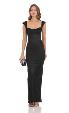 Satin Bodycon Maxi Dress in Black | LUCY IN THE SKY Black Wedding Guest Dresses, Formal Wedding Guest Dress, Black Dresses Classy, Bodycon Maxi Dress, Lucy In The Sky, Simple Prom Dress, Black Dress Formal, Guest Attire, Black Tie Dress