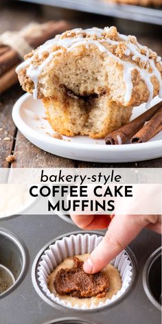 a cupcake being dunked into a muffin tin with cinnamon and icing