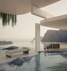 an artistic rendering of a pool with a bench next to it and mountains in the background