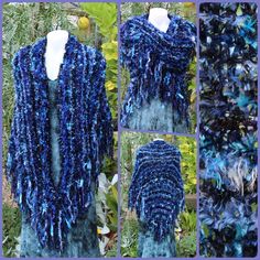 "Moody Blues" hand knitted triangle shawl. I have hand knitted this beautiful, lagenlook plus size, romantic hippie style, fringe triangle wrap with an assortment of luxury, multiple shades of dark blues with a touch of black and dark purple with multi textured yarns and a silver sequin yarn for a subtle sparkle. (Please be aware colors show differently on various devices) This warm winter shawl measures (without fringe) approx. 176 cm across the top edge and 90 cm long down the center to the bo Bohemian Hand Knitted Shawl Wrap, Bohemian Hand-knitted Shawl Wrap, Bohemian Crochet Wrap One Size, Bohemian Hand-knitted Yarn Shawl, Bohemian Hand Knitted Shawl For Festival, Bohemian Festival Hand Knitted Shawl, Handmade Bohemian Winter Wraps, Bohemian Acrylic Yarn Shawl For Winter, Bohemian Hand Knitted Shawl Scarf