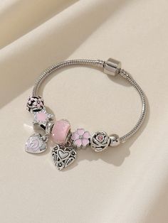 Plateado  Collar  Cobre   Embellished Silver Pandora Bracelet With Rose Gold Charms, Pandora Pink Charm Bracelet, Jewellery And Accessories, Sweet 16 Bracelets, Cute Cheap Jewelry, Fake Pandora Bracelet, Silver Braclate, Silver And Pink Jewelry, Pandora Pink Bracelet