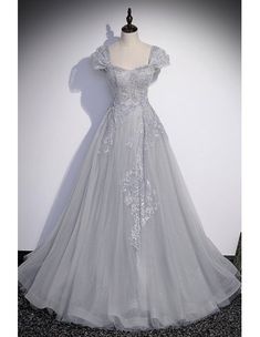 10% off now! Shop stylish grey tulle prom gown with long sleeves and embroidered sequins online. Sheprom offers formal, party, casual & more style dresses to fit your special occasions. Light Grey Prom Dress, Lace Long Prom Dress, Grey Evening Dresses, Grey Prom Dress, Long Formal Dress, Gaun Fashion, A Line Evening Dress, Chique Outfits, Lace Party Dresses