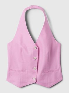 Linen-Cotton Halter Vest | Gap Fitted Linen Tank Top For Spring, Gap Linen Tops For Workwear, Spring Cotton Vest With Buttons, Chic Summer Linen Vest, V-neck Linen Vest For Summer, V-neck Linen Summer Vest, Spring Cotton Tank Top By Gap, Gap Cotton Tank Top For Summer, Chic Summer Vest For Daywear