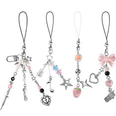 four different key chains with charms attached to them