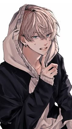 an anime character with blonde hair wearing a black jacket and hoodie, holding his hand to his face