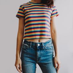 Stretchy ribbed crop top with colorful stripes.S: 13" across shoulders, 27.5" chest, 17" lengthM: 13.5" across shoulders, 29" chest, 17.5" lengthL: 14" across shoulders, 30.5" chest, 18" length Ribbed Crop Top, Striped Crop Top, Top 4, Flowy Dress, Pastel Rainbow, Rainbow Stripes, Orange And Purple, Orange Color, Blue And Purple