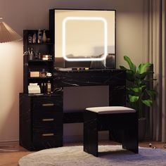 a vanity with a mirror and stool in a room next to a lamp on the wall