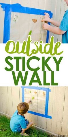 two children playing outside with the words outside sticky wall on it and in front of them