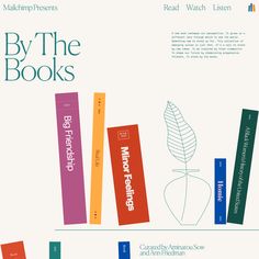 the book cover for by the books, with colorful books on each side and an illustration of a leaf