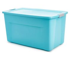 a blue storage box with lid on white background