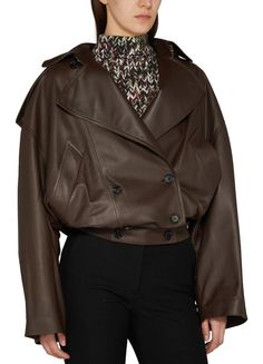 Details and care.Description : bombers, long-sleeved, 3 button, button fastening, front buttoned closure, short, side welt pockets..Material : Nappa leather.Color : dark_chocolate.Size & measurements : The model is 5ft 11in / 1.81m tall and wears a size FR 38. This is an oversized style and designed to be worn loose. Take your usual size.View size guide.Country of manufacture : Italy.Product code : LOE29ER2BRWNA1AA00 Classic Cropped Jacket With Button Cuffs For Fall, Luxury Long Sleeve Outerwear With Double-breasted Button Fastening, Classic Fall Cropped Jacket With Button Cuffs, Luxury Leather Jacket With Double Button Closure, Classic Brown Long Sleeve Cropped Jacket, Designer Fall Blazer With Button Cuffs, Classic Brown Cropped Long Sleeve Jacket, Classic Long Sleeve Brown Cropped Jacket, Luxury Brown Outerwear With Button Cuffs