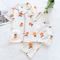 Elegant Printed Short Sleeved Pajamas Suit — Original Pajamas Comfortable White Sleepwear Set, Comfortable White Sleep Set, Comfortable Summer Sets For Pajama Party, Orange Cotton Pajama Party Set, Summer Cotton Loungewear Sleepwear, Orange Cotton Sleepwear For Loungewear, Summer Cotton Sleepwear For Loungewear, Comfortable Summer Sleepover Sets, Orange Cotton Sleepwear For Lounging