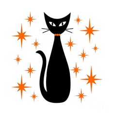 a black cat with orange stars around it