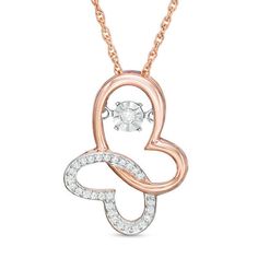 With easy spirit, this shimmering diamond butterfly pendant from the Unstoppable Love™ Collection brightens her day. Crafted in precious 10K rose gold, this open papillon design features a set of diamond-lined wings and another polished set with a single diamond in a unique setting that glistens with every beat of her heart and every turn of her head. Captivating with 1/10 ct. t.w. of diamonds and a brilliant buffed luster, this tilted butterfly pendant suspends along an 18.0-inch rope chain tha Rose Gold Diamond Jewelry With Butterfly Charm, Butterfly Shaped Diamond Jewelry In Rose Gold, Rose Gold Diamond Butterfly Jewelry, Butterfly-shaped Rose Gold Diamond Jewelry, Butterfly Shaped Rose Gold Diamond Jewelry, Rose Gold Butterfly Jewelry With Diamond Accents, Butterfly Shaped Rose Gold Jewelry With Diamond Accents, Zales Zales, Diamond Butterfly